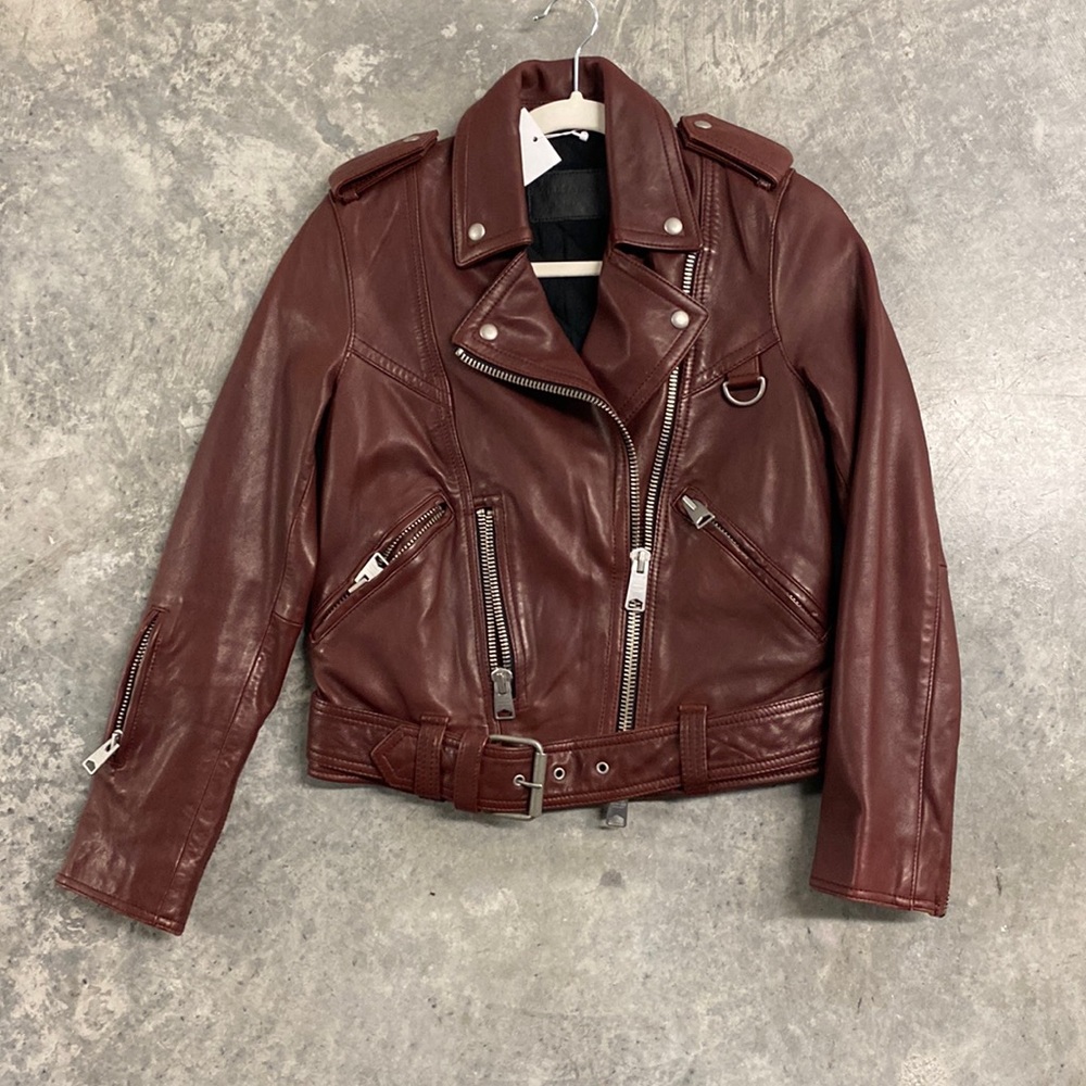 All Saints burgundy leather biker jacket! Size 2